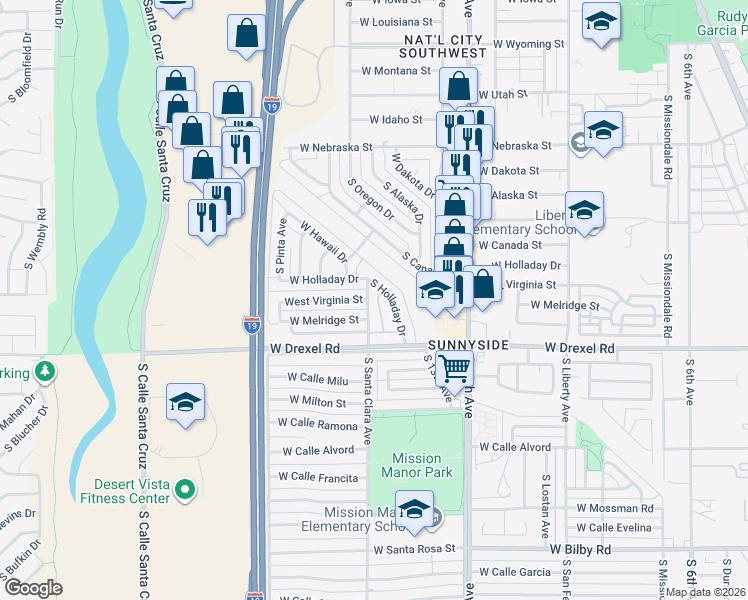 map of restaurants, bars, coffee shops, grocery stores, and more near 5559 South Santa Clara Avenue in Tucson
