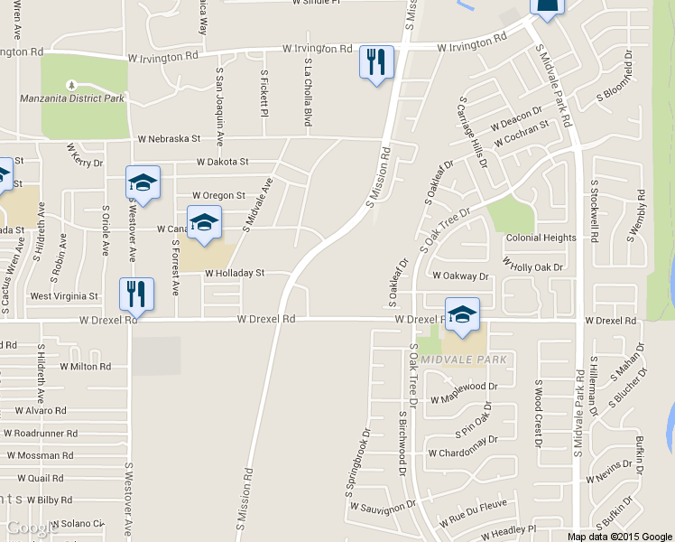 map of restaurants, bars, coffee shops, grocery stores, and more near 5525 South Mission Road in Tucson