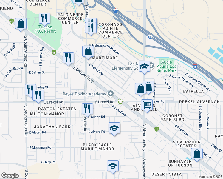 map of restaurants, bars, coffee shops, grocery stores, and more near 3664 Drexel Manor Stravenue in Tucson