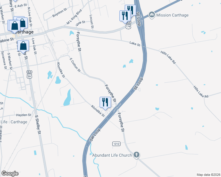 map of restaurants, bars, coffee shops, grocery stores, and more near 855 Forsythe Street in Carthage
