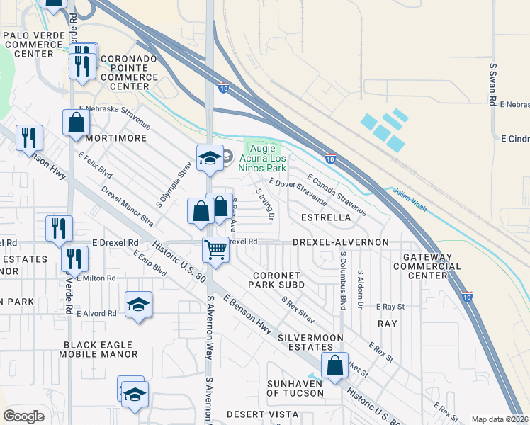map of restaurants, bars, coffee shops, grocery stores, and more near 5565 South Irving Drive in Tucson