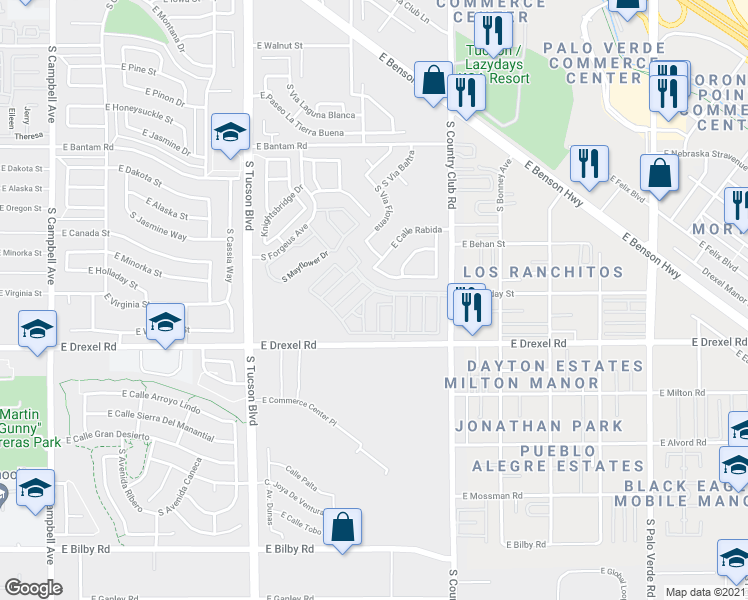 map of restaurants, bars, coffee shops, grocery stores, and more near 2886 East Via Genovesa in Tucson