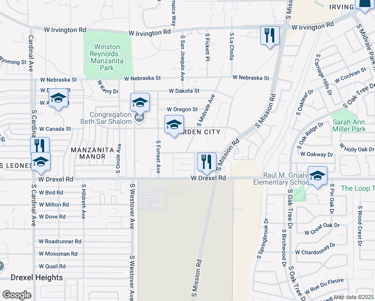 map of restaurants, bars, coffee shops, grocery stores, and more near 5555 South Midvale Avenue in Tucson