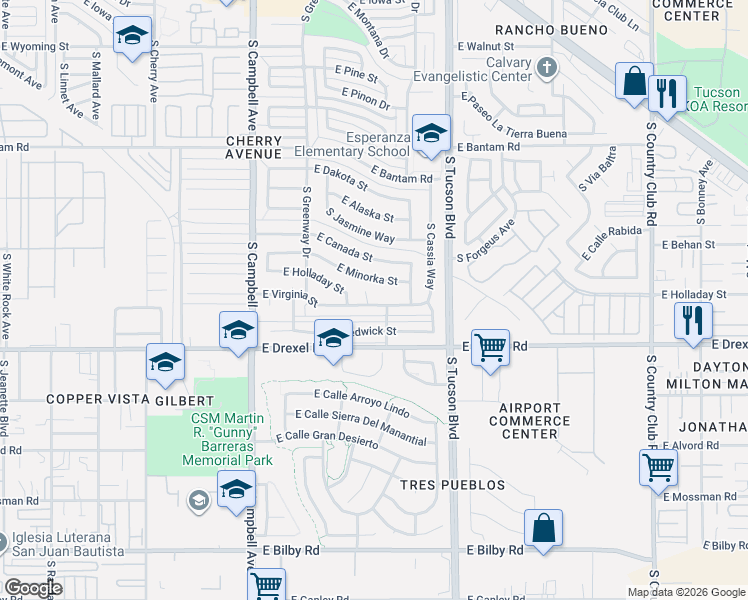map of restaurants, bars, coffee shops, grocery stores, and more near 2251 East Virginia Street in Tucson