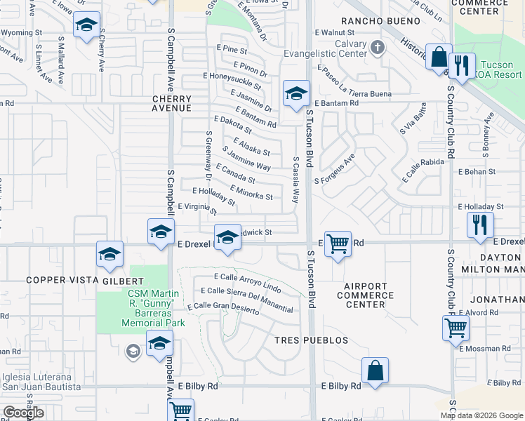 map of restaurants, bars, coffee shops, grocery stores, and more near 2220 East Minorka Street in Tucson