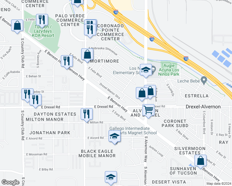 map of restaurants, bars, coffee shops, grocery stores, and more near 3681 Drexel Manor Stravenue in Tucson