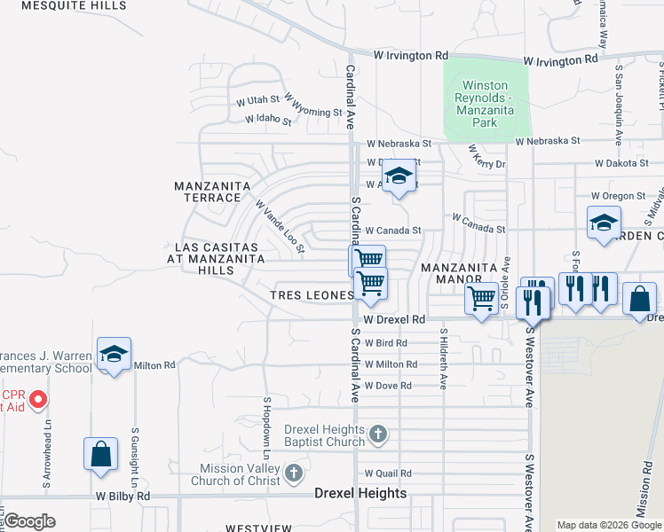 map of restaurants, bars, coffee shops, grocery stores, and more near 2940 West Holladay Street in Tucson