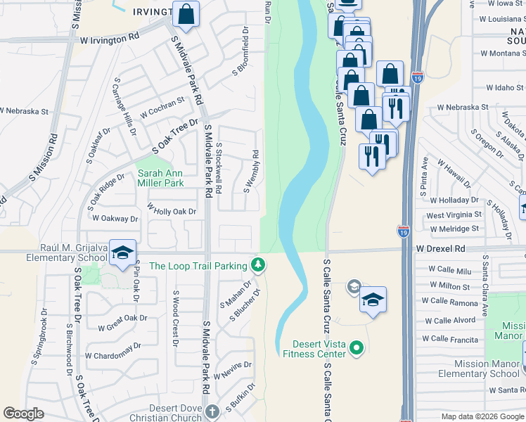 map of restaurants, bars, coffee shops, grocery stores, and more near 5593 South Swires Road in Tucson