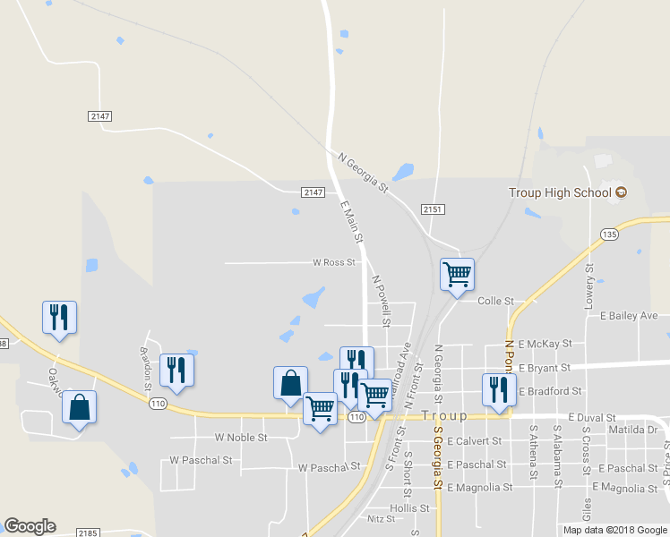 map of restaurants, bars, coffee shops, grocery stores, and more near 410 West Ross Street in Troup