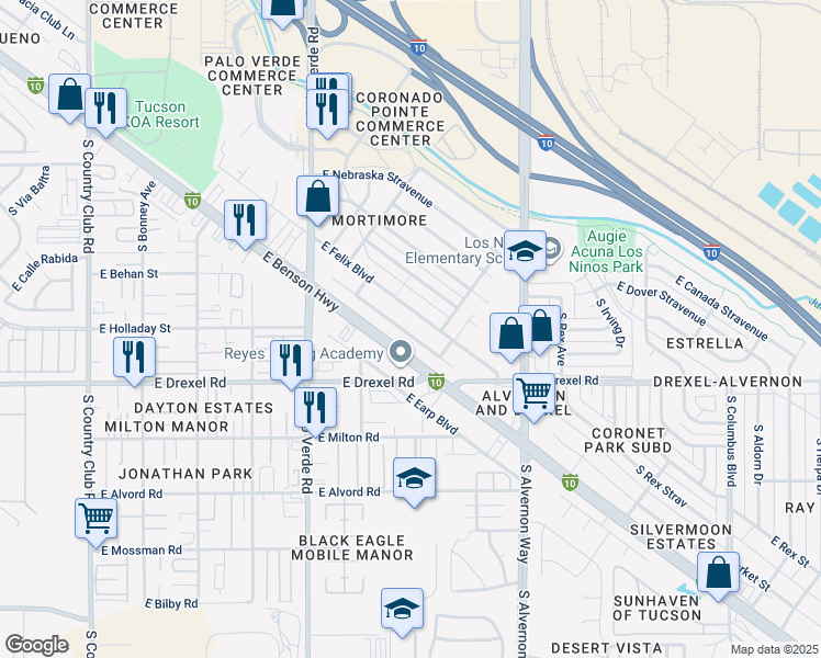 map of restaurants, bars, coffee shops, grocery stores, and more near 3665 Drexel Manor Stravenue in Tucson