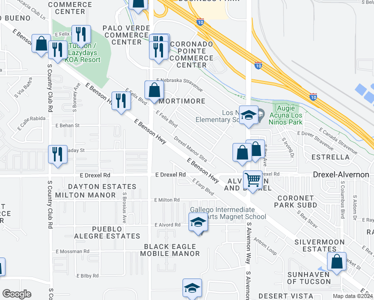 map of restaurants, bars, coffee shops, grocery stores, and more near 3638 Drexel Manor Stravenue in Tucson