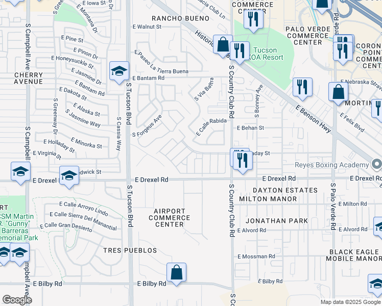 map of restaurants, bars, coffee shops, grocery stores, and more near 2886 East Via Genovesa in Tucson