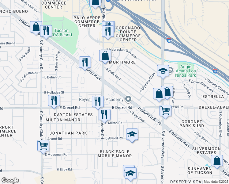 map of restaurants, bars, coffee shops, grocery stores, and more near 3542 E Benson Hwy in Tucson