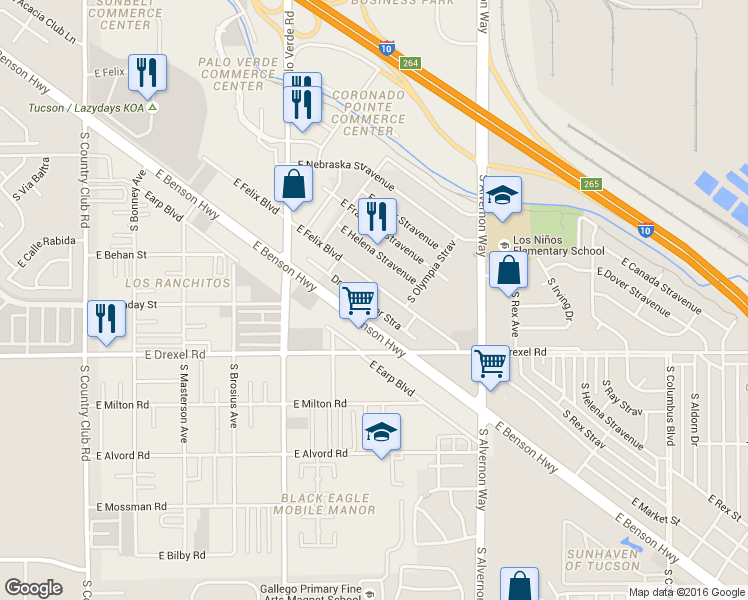 map of restaurants, bars, coffee shops, grocery stores, and more near 3633 Drexel Manor Stravenue in Tucson