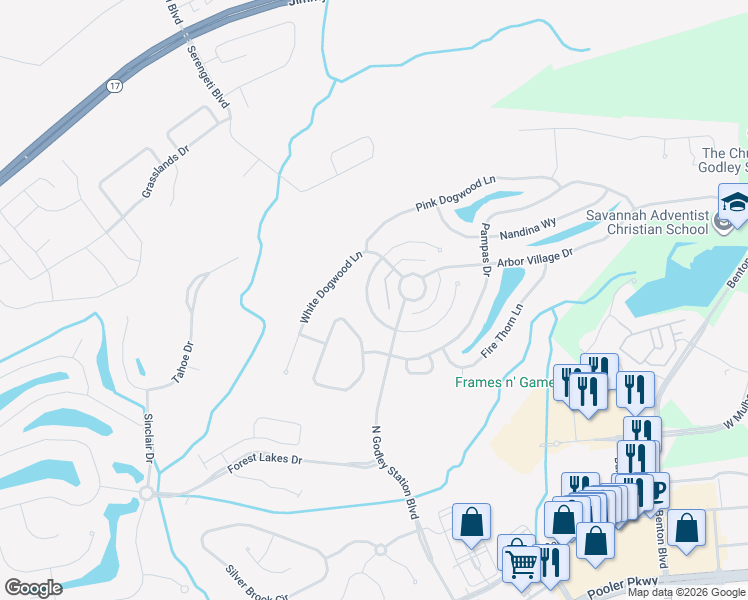 map of restaurants, bars, coffee shops, grocery stores, and more near 74 Yellow Jasmine Court in Pooler