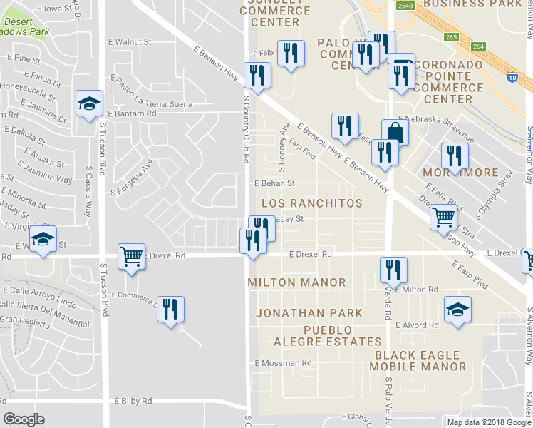 map of restaurants, bars, coffee shops, grocery stores, and more near 3151 E Holladay St in Tucson