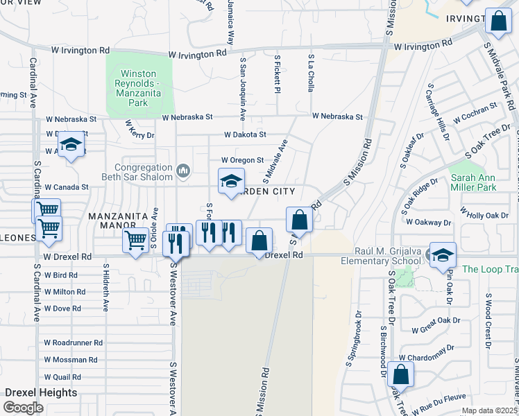 map of restaurants, bars, coffee shops, grocery stores, and more near 5555 South Midvale Avenue in Tucson