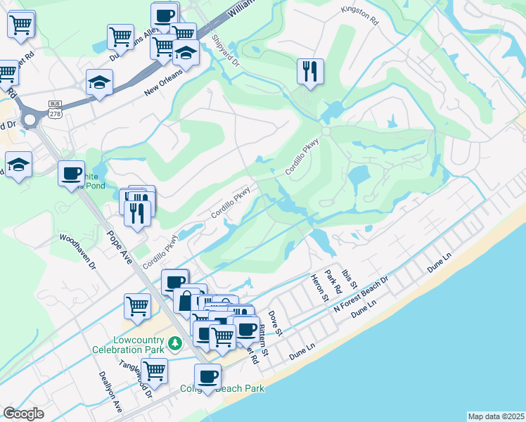 map of restaurants, bars, coffee shops, grocery stores, and more near 12 Valencia Road in Hilton Head Island