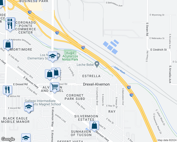 map of restaurants, bars, coffee shops, grocery stores, and more near 4218 East Dover Stravenue in Tucson