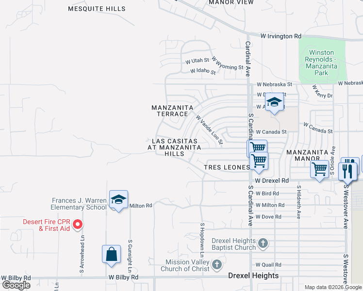 map of restaurants, bars, coffee shops, grocery stores, and more near 3183 West Holladay Street in Tucson