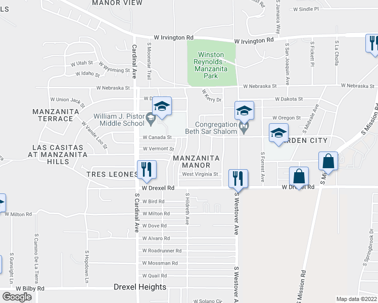 map of restaurants, bars, coffee shops, grocery stores, and more near 5543 South Hildreth Avenue in Tucson