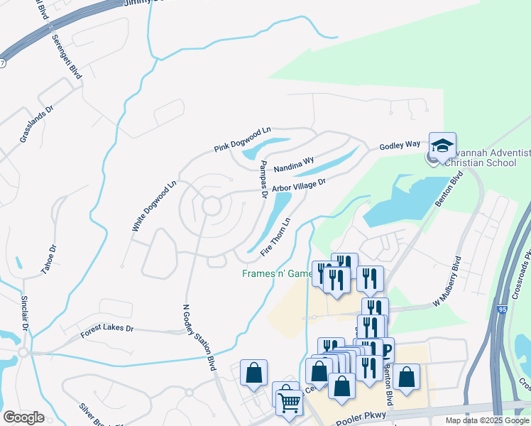 map of restaurants, bars, coffee shops, grocery stores, and more near 141 Pampas Drive in Pooler