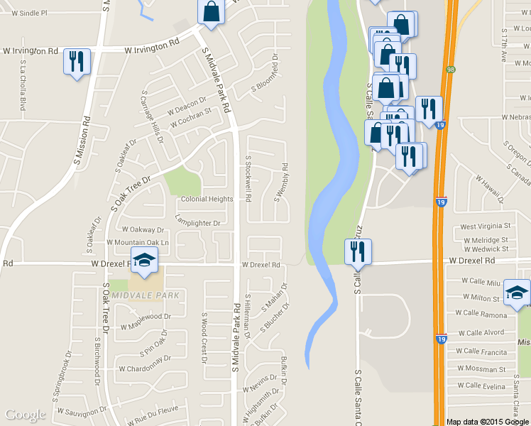 map of restaurants, bars, coffee shops, grocery stores, and more near 5541 South Gainsborough Road in Tucson