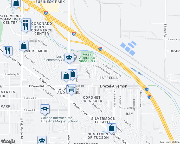 map of restaurants, bars, coffee shops, grocery stores, and more near 5565 South Irving Drive in Tucson