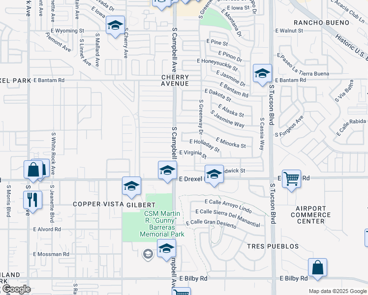 map of restaurants, bars, coffee shops, grocery stores, and more near 1921 East Virginia Street in Tucson