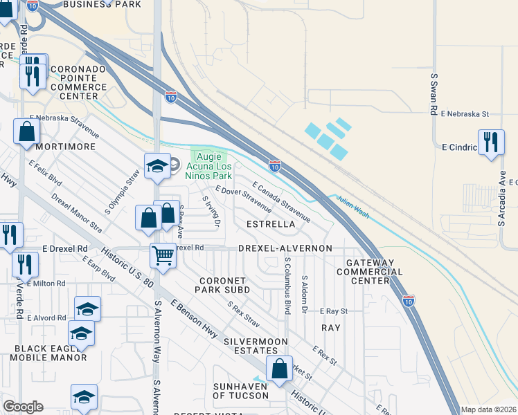map of restaurants, bars, coffee shops, grocery stores, and more near 4210 East Dover Stravenue in Tucson