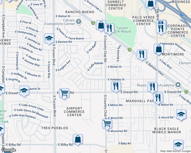 map of restaurants, bars, coffee shops, grocery stores, and more near 2990 East Via Genovesa in Tucson