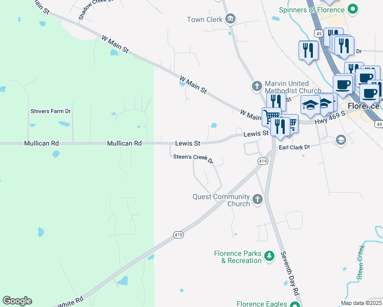 map of restaurants, bars, coffee shops, grocery stores, and more near 1410 Steen's Creek Drive in Florence