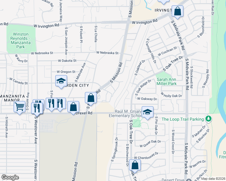 map of restaurants, bars, coffee shops, grocery stores, and more near 5505 South Mission Road in Tucson