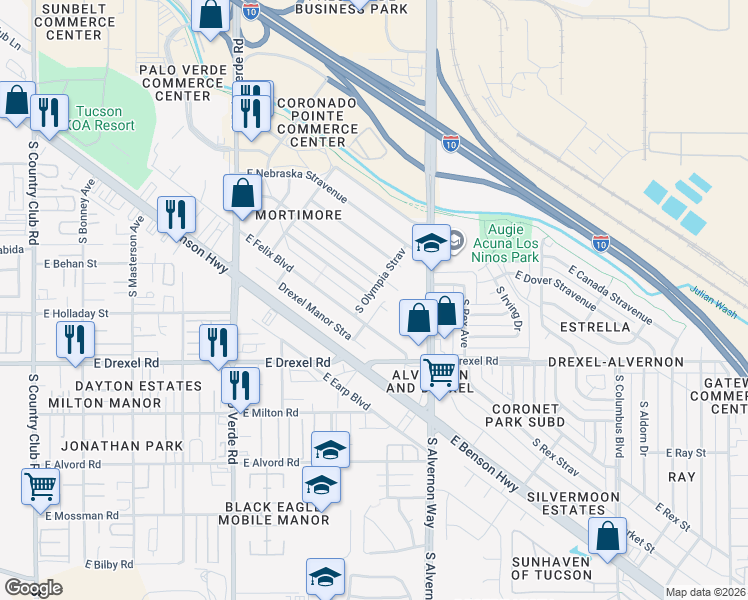 map of restaurants, bars, coffee shops, grocery stores, and more near 5531 South Olympia Strav in Tucson