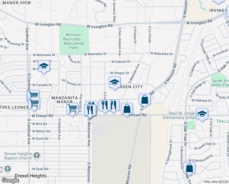 map of restaurants, bars, coffee shops, grocery stores, and more near 5522 South Midvale Avenue in Tucson