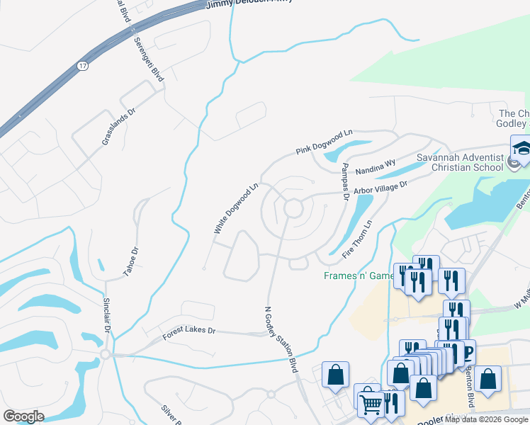 map of restaurants, bars, coffee shops, grocery stores, and more near 74 Yellow Jasmine Court in Pooler