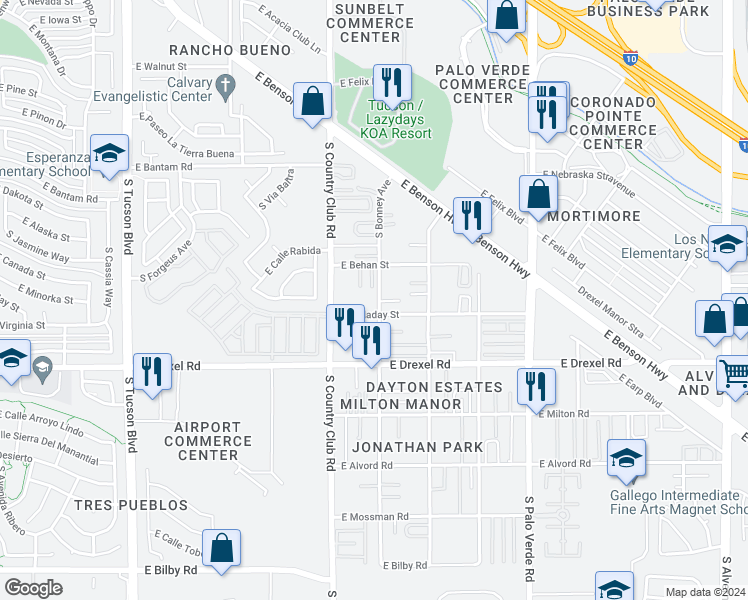 map of restaurants, bars, coffee shops, grocery stores, and more near 5570 South Bonney Avenue in Tucson