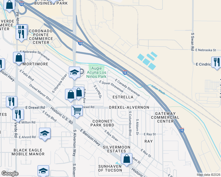 map of restaurants, bars, coffee shops, grocery stores, and more near 4133 East Frankfort Stravenue in Tucson