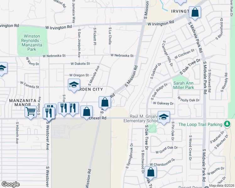 map of restaurants, bars, coffee shops, grocery stores, and more near 5525 South Mission Road in Tucson