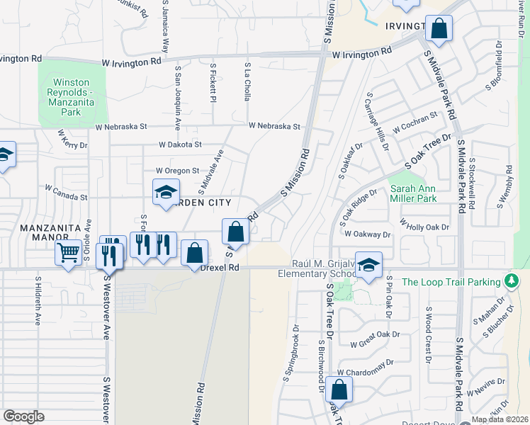 map of restaurants, bars, coffee shops, grocery stores, and more near 5525 South Mission Road in Tucson