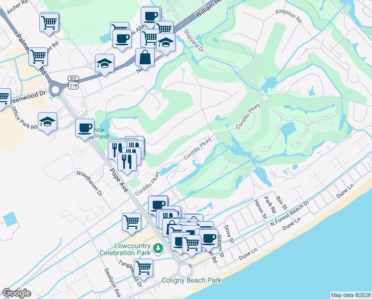 map of restaurants, bars, coffee shops, grocery stores, and more near 105 Town House Tennis in Hilton Head Island