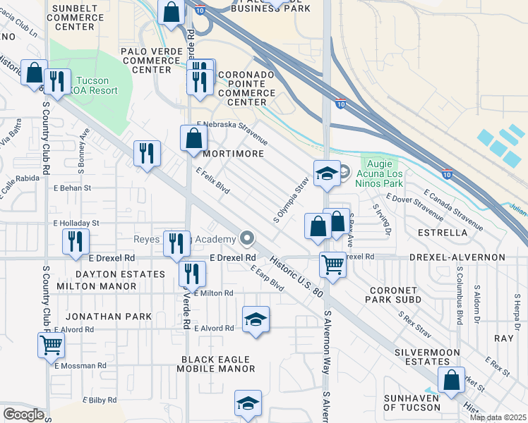 map of restaurants, bars, coffee shops, grocery stores, and more near 3727 East Felix Boulevard in Tucson