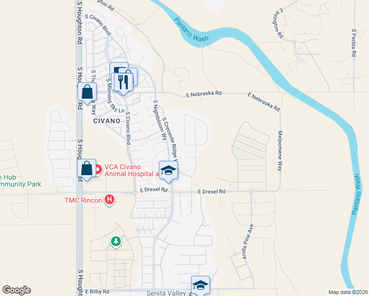 map of restaurants, bars, coffee shops, grocery stores, and more near 10739 East Peach Bell Place in Tucson