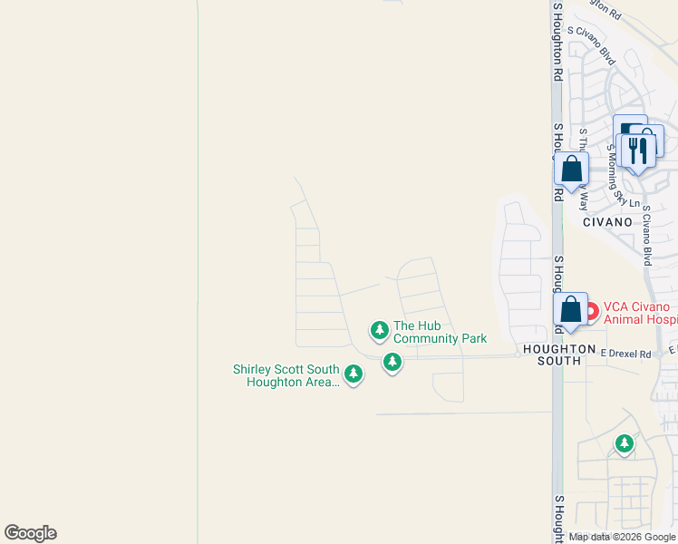 map of restaurants, bars, coffee shops, grocery stores, and more near 5420-5646 South Houghton Road in Tucson