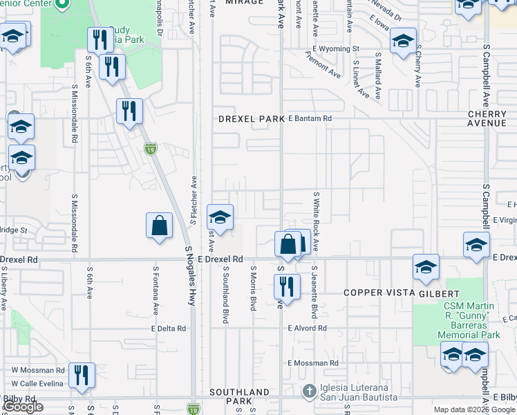 map of restaurants, bars, coffee shops, grocery stores, and more near 5539 South Morris Circle in Tucson