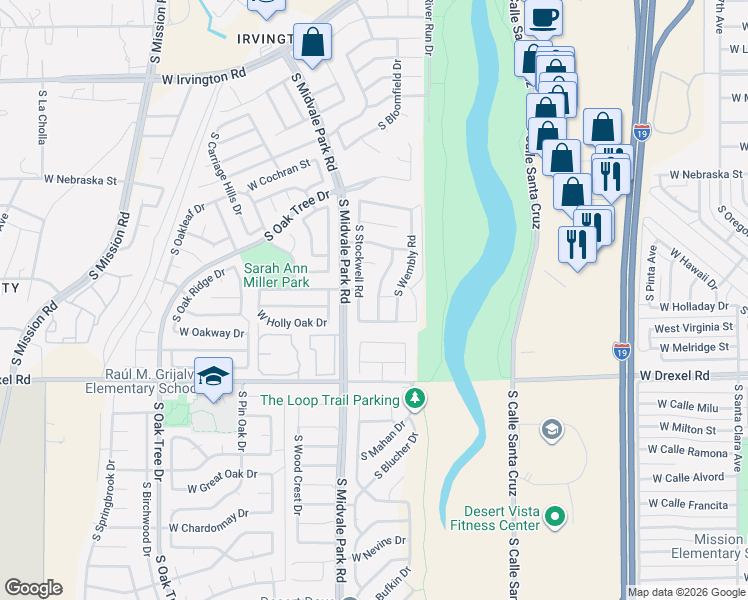 map of restaurants, bars, coffee shops, grocery stores, and more near 5541 South Gainsborough Road in Tucson