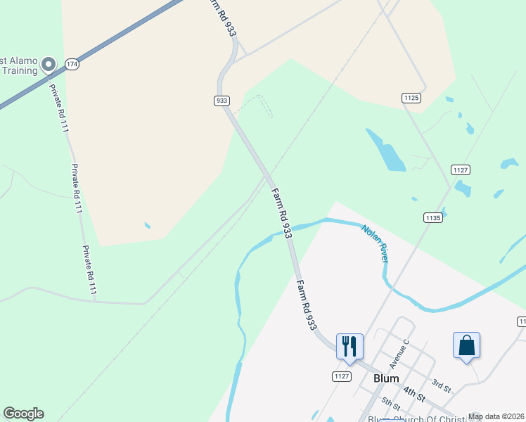 map of restaurants, bars, coffee shops, grocery stores, and more near 7741 Farm to Market Road 933 in Blum