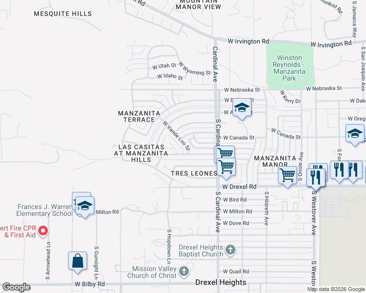 map of restaurants, bars, coffee shops, grocery stores, and more near 3001 West Vande Loo Street in Tucson