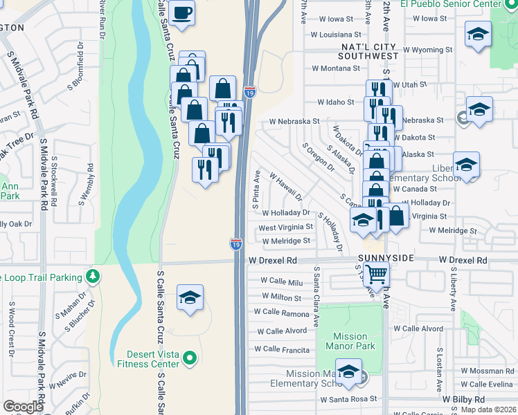 map of restaurants, bars, coffee shops, grocery stores, and more near 5525 South Pinta Avenue in Tucson