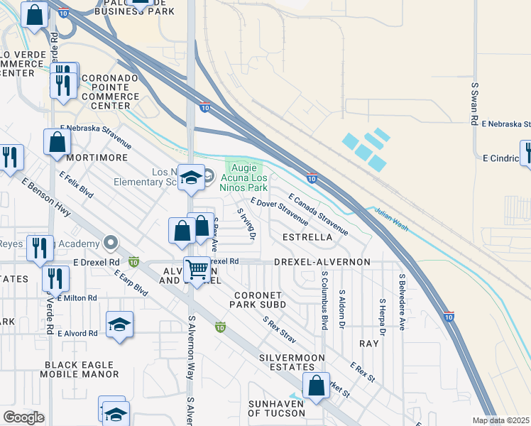 map of restaurants, bars, coffee shops, grocery stores, and more near 5550 South Bryant Avenue in Tucson